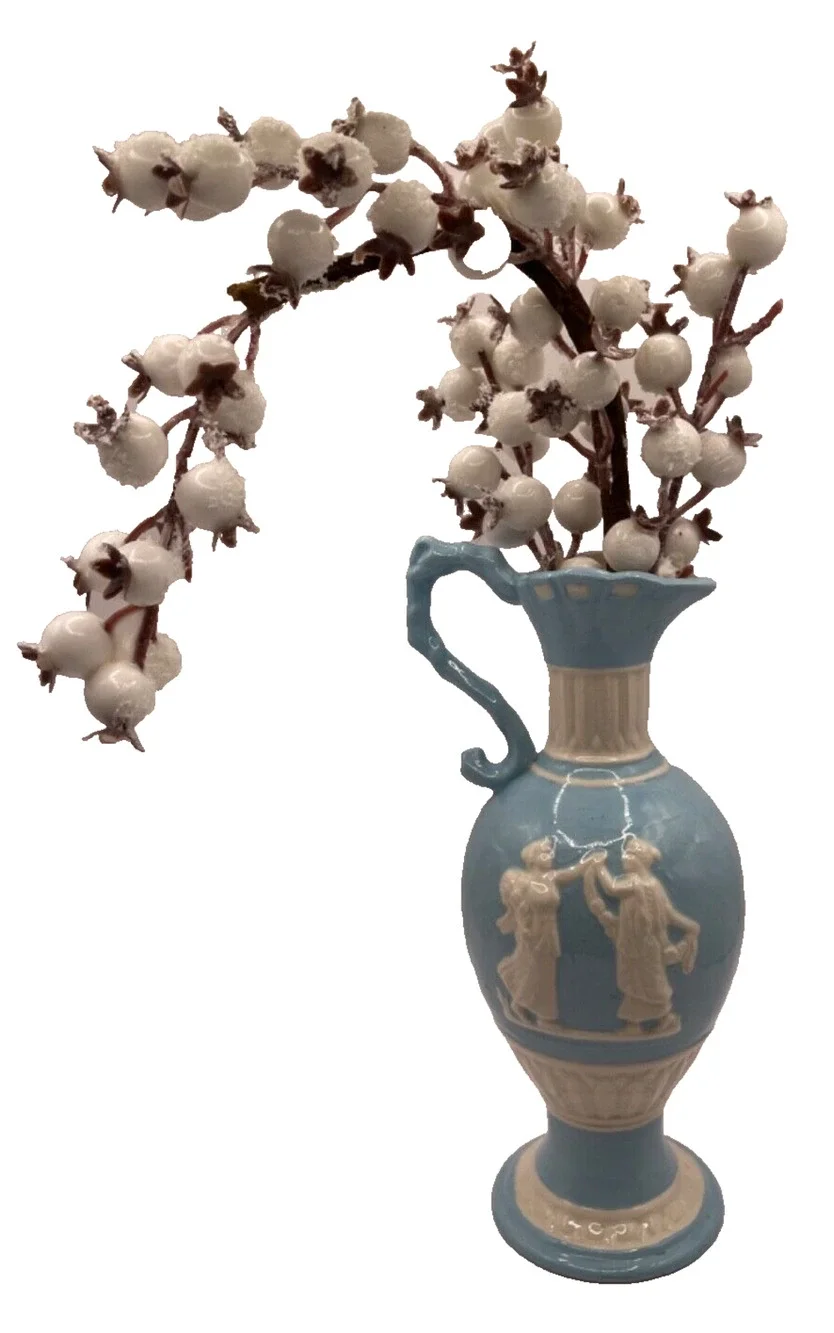 Vintage Light Blue Ceramic Greek Mythology Mini Ewer Vase